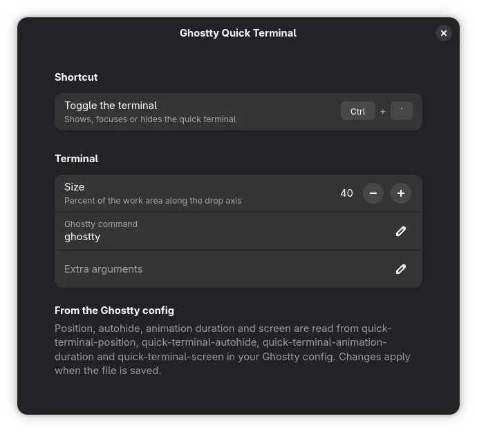 GNOME Extension Ghostty Quick Terminal Settings